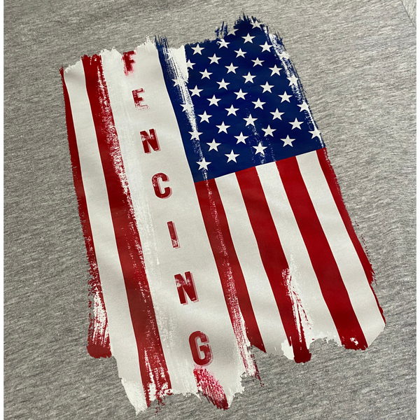 closeup of a rustic, distressed American flag, with the word "Fencing" replacing one of the red stripes, the third from the left. Adult grey shirt.