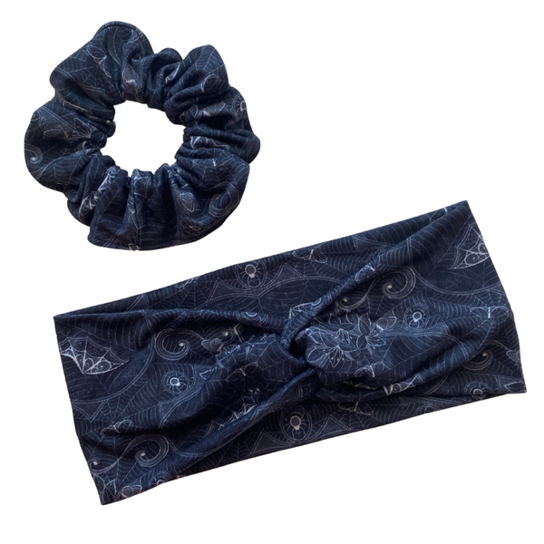 Gothic Lace Bats on Black Matte Scrunchie