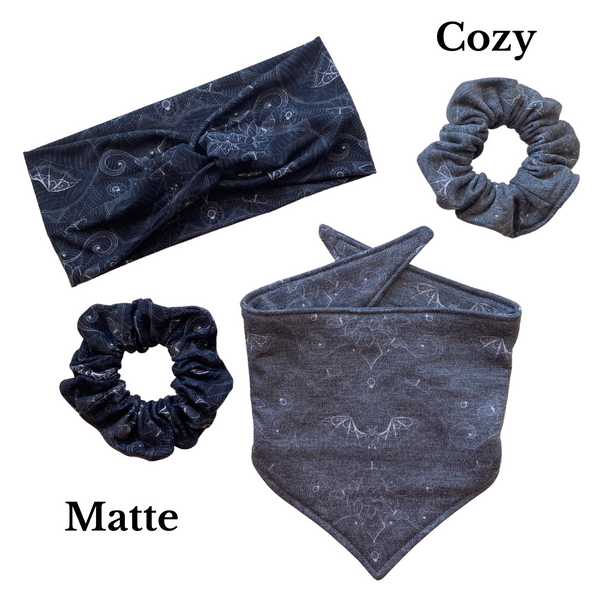 Subtle Gothic Lacy Bats on Soft Black Cozy Scrunchie