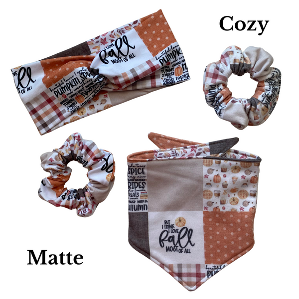 "I Love Fall Most Of All" Faux Quilt Cozy Scrunchie