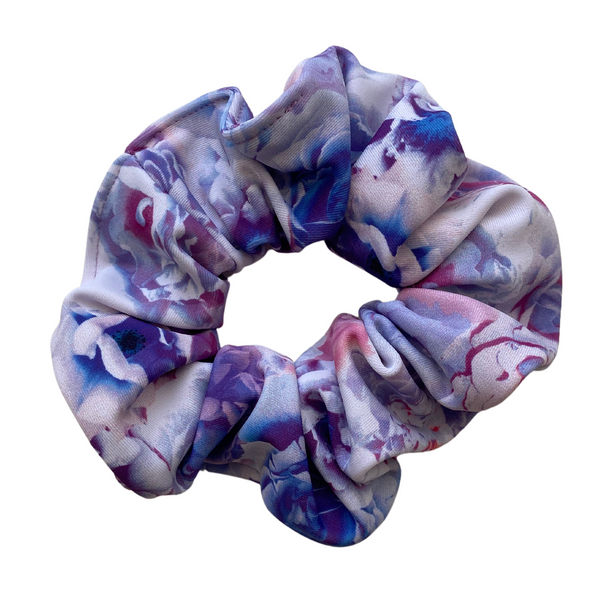 close up picture of pastel roses swim scrunchie. Pipevine Designs