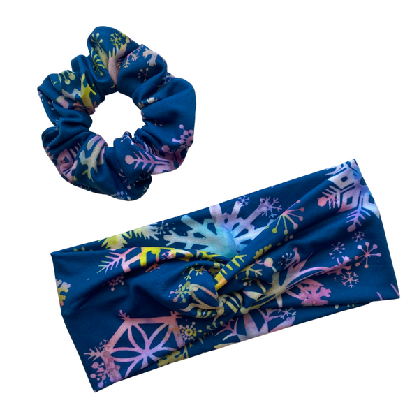 Multicolored Snowflakes on Steel Blue Matte Faux Knot Headband