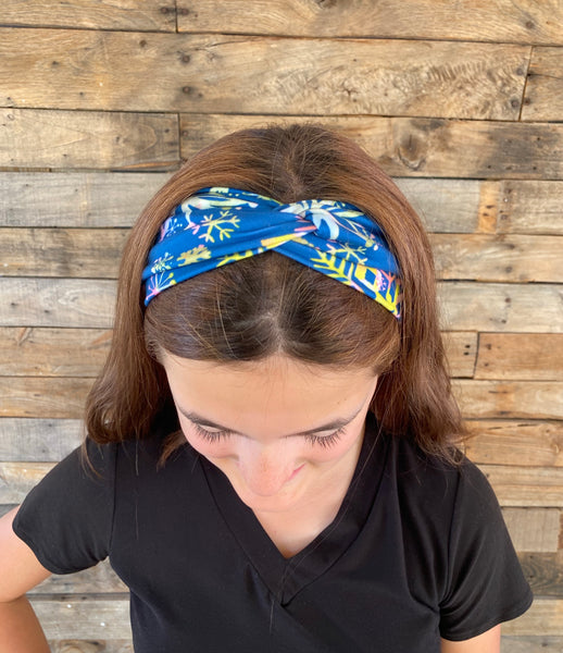 Multicolored Snowflakes on Steel Blue Matte Faux Knot Headband