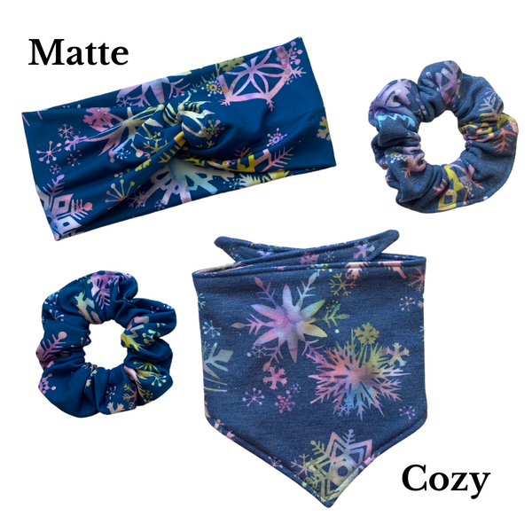 Multicolored Snowflakes on Steel Blue Matte Scrunchie