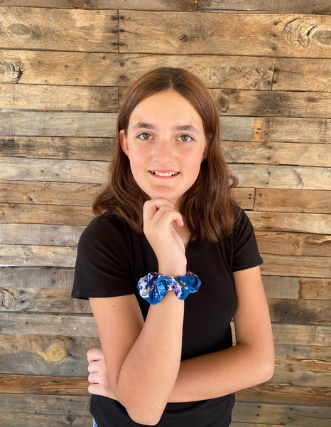 Multicolored Snowflakes on Steel Blue Matte Scrunchie