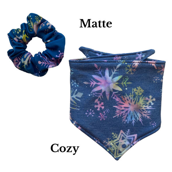 Multicolored Snowflakes on Steel Blue Matte Scrunchie