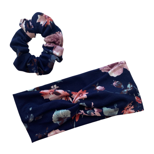 Purple and Coral Floral on Navy Blue Matte Scrunchie