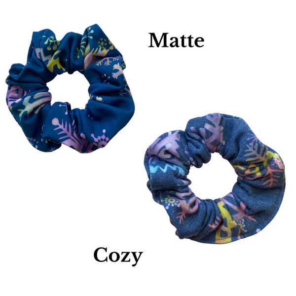 Multicolored Snowflakes on Steel Blue Matte Scrunchie