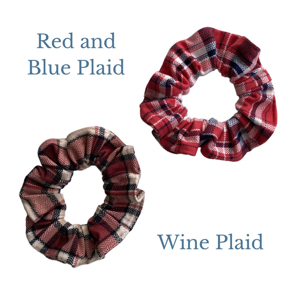 Red, blue plaid and burgundy, black, tan plaid, semi matte scrunchie comparison