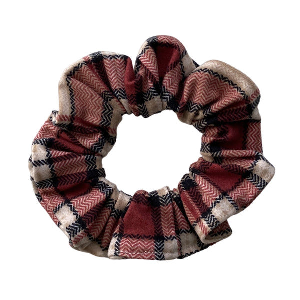 burgundy, black, tan plaid semi matte scrunchie