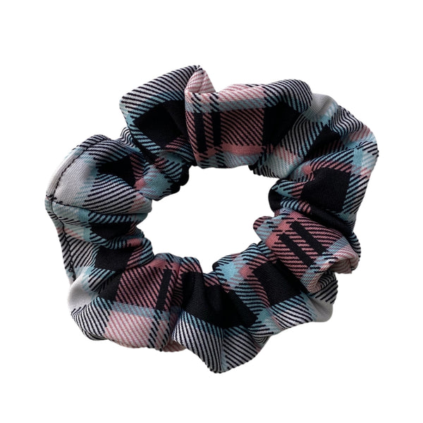 Aqua, pink, black plaid, semi shiny, scrunchie