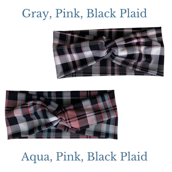 Gray, Pink,  Black Plaid and aqua, pink, black plaid semi shiny faux knot headband comparison