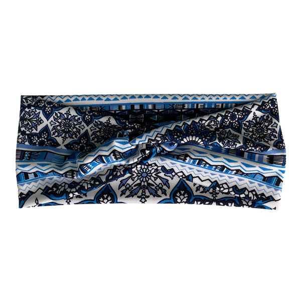 White, with blue deco print, semi-shiny, faux knot headband