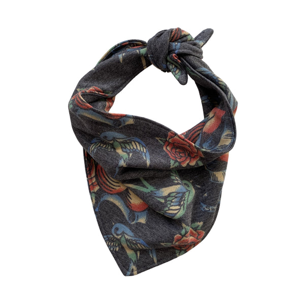 tattoo love with doves and roses on soft black scARF bandana tied