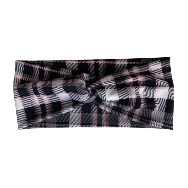 Gray, Pink, and Black Plaid semi shiny, Faux Knot Headband