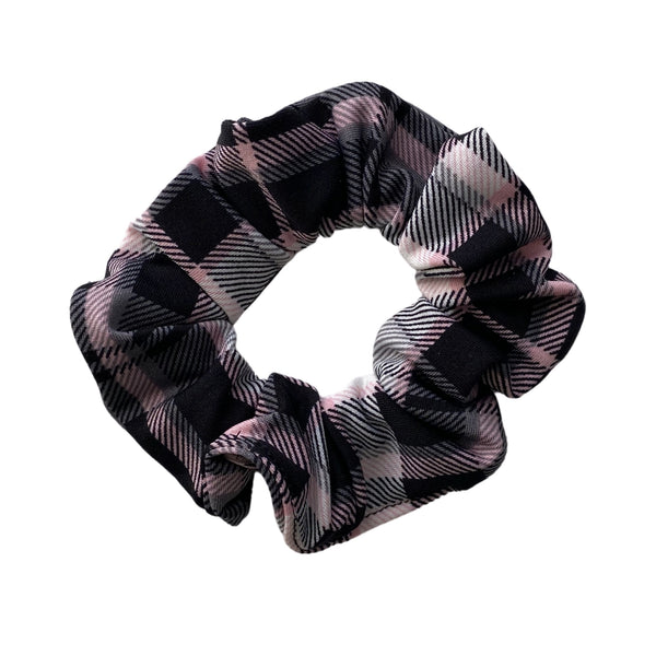 Gray, pink, black plaid semi shiny scrunchie