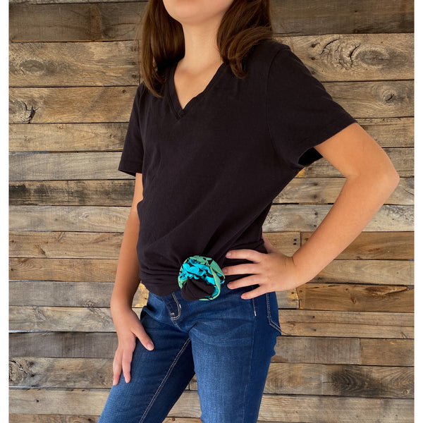 blue green ombre semi-matte scrunchie tied on shirt