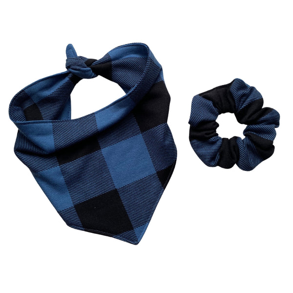 blue and black buffalo plaid cozy scARF with matching scrunchie pipevine designs