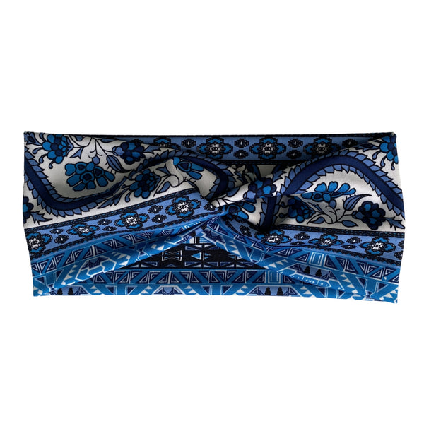 White, with blue deco print, semi-shiny, faux knot headband alternative print variation