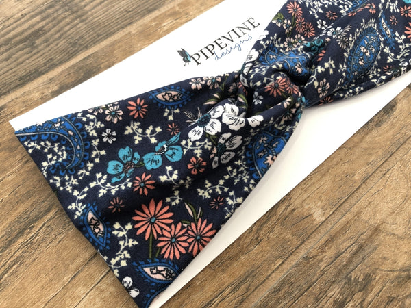 Daisy Paisley on navy semi-matte faux knot headband