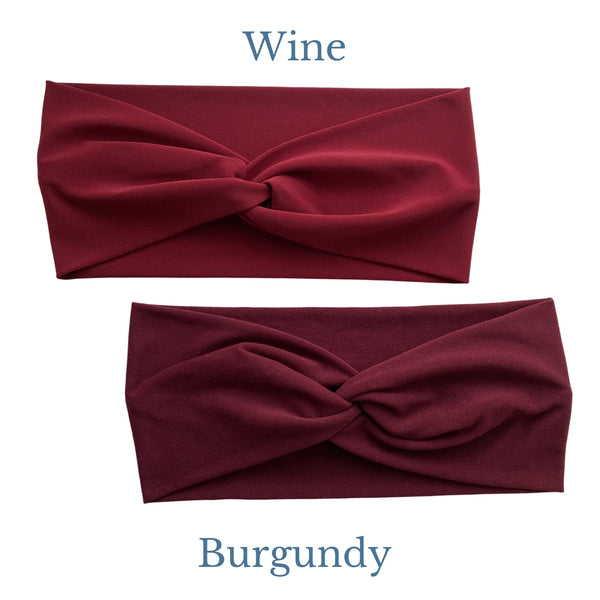 Solid Wine semi-shiny and solid burgundy semi-matte faux knot headband