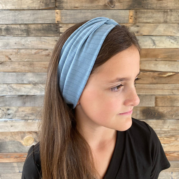 blue steel ribbed faux knot headband ear warmer on head side view over ears Pipevine Designs