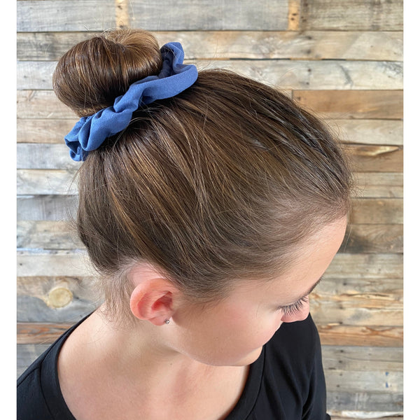 Cobalt Blue Matte Scrunchie on head Pipevine Designs