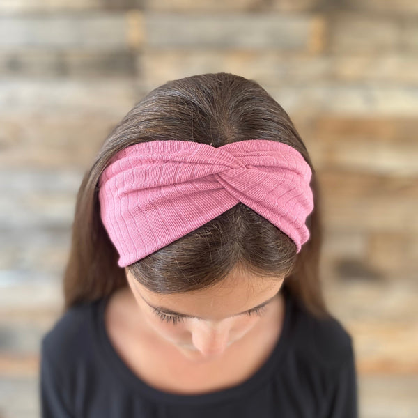 light mauve ribbed faux knot headband ear warmer on head top knot view Pipevine Designs