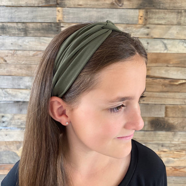 olive green matte faux knot headband on head side view Pipevine Designs 