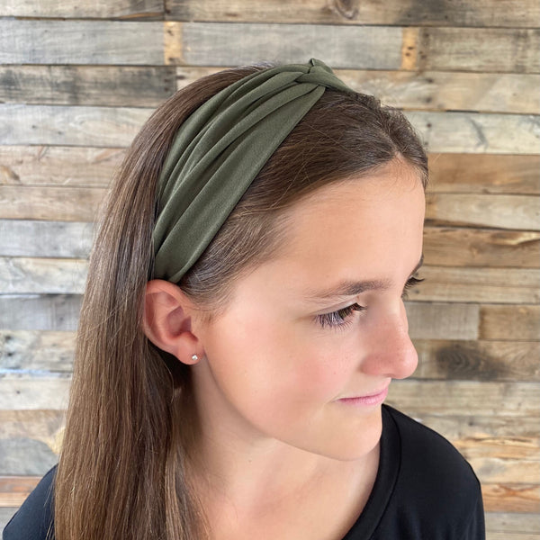 olive green matte faux knot headband on head side view Pipevine Designs
