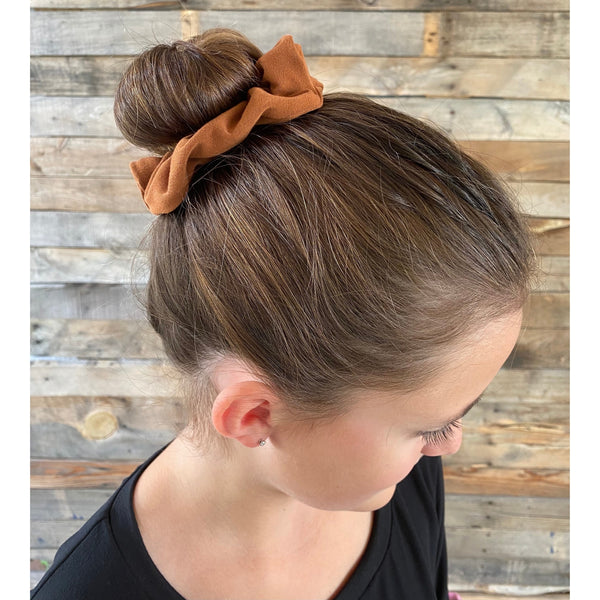 Tawny Brown matte scrunchie on head Pipevine Designs