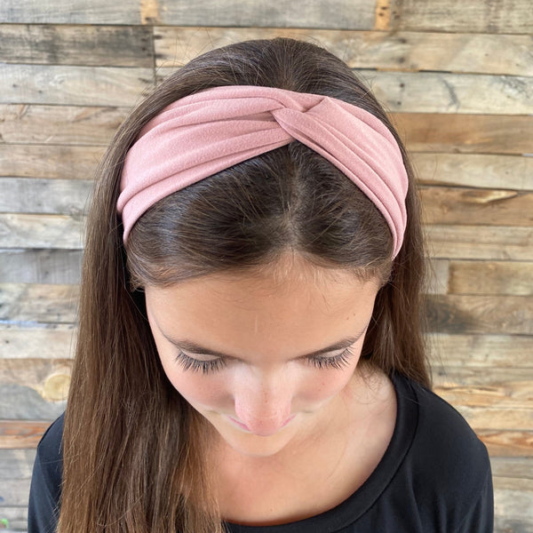 blush pink matte faux knot headband on head knot view Pipevine Designs