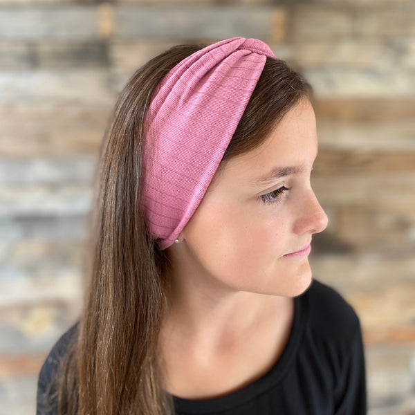 light mauve ribbed faux knot headband ear warmer on head side ear warmer view Pipevine Designs