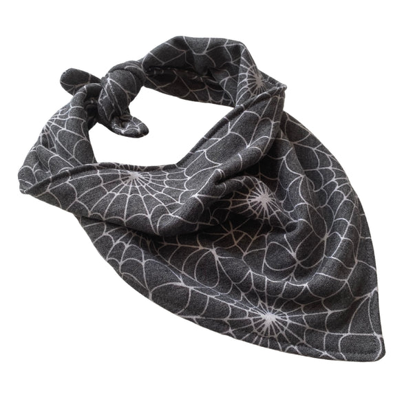 spider webs on soft black scarf dog bandana tied side view Pipevine designs 