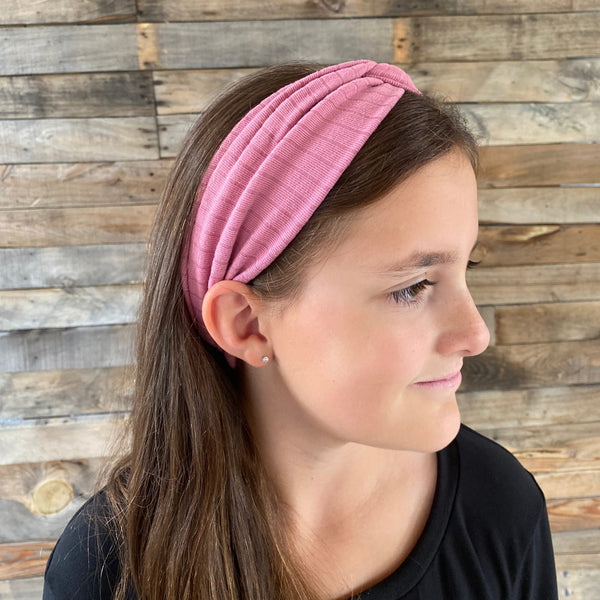 light mauve ribbed faux knot headband ear warmer on head side headband view Pipevine Designs
