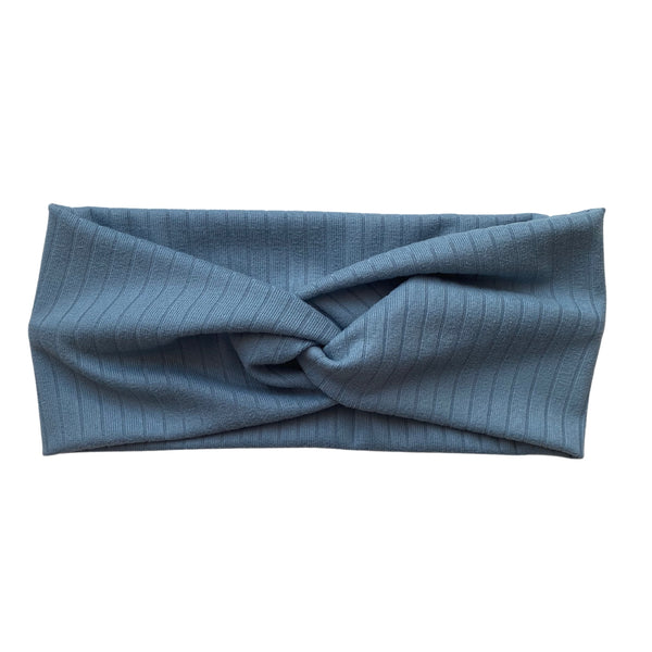 blue steel ribbed faux knot headband ear warmer Pipevine Designs