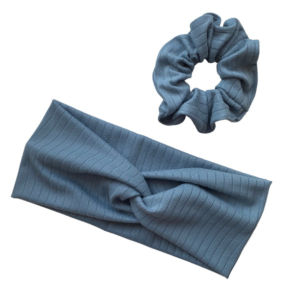 light blue ribbed scrunchie  with matching faux knot headband Pipevine Designs