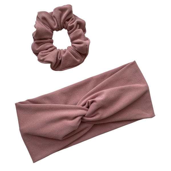 blush pink matte scrunchie with blush pink faux knot twist headband Pipevine Designs