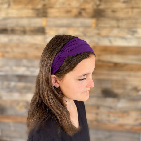 dark purple ice faux knot headband on hair Pipevine Designs