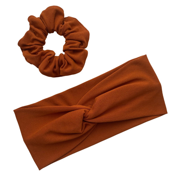 Ginger Rust Matte Scrunchie with matching faux knot headband Pipevine Designs