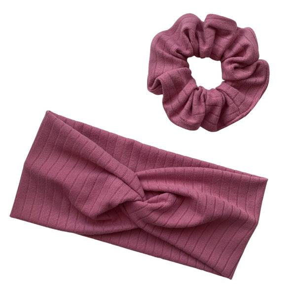 light mauve ribbed faux knot headband ear warmer with matching scrunchie Pipevine Designs