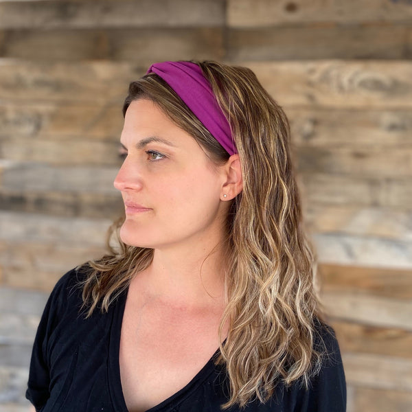 magenta ice faux knot headband Pipevine Designs on hair