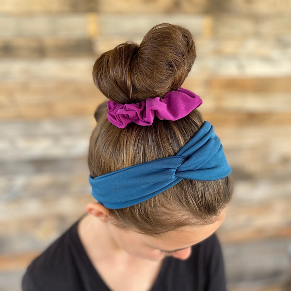 magenta ice scrunchie on bun and teal ice faux knot headband on hair together Pipevine Designs