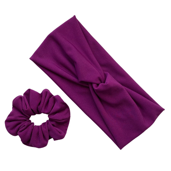 magenta ice scrunchie and matching magenta ice faux knot headband Pipevine Designs