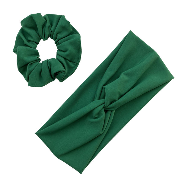 solid Kelly green scrunchie and matching faux knot twist headband together