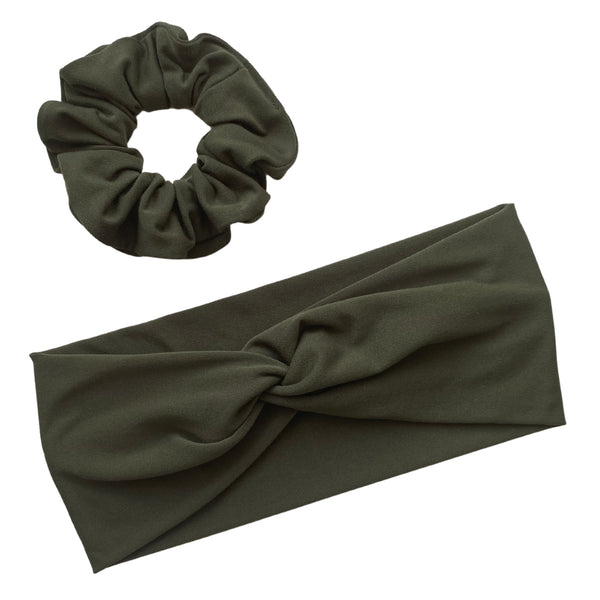 Olive Green matte scrunchie with matching faux knot headband Pipevine Designs