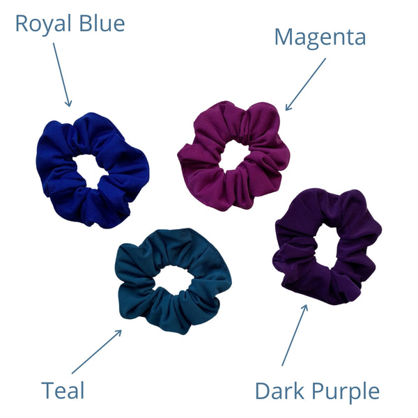 royal blue, teal, magenta, dark purple ice scrunchies together. Pipevine Designs