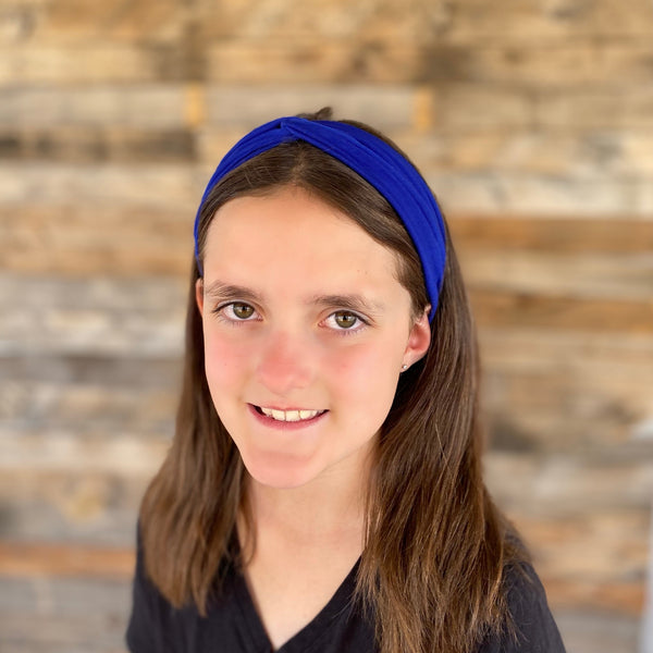 royal blue ice faux knot headband on head Pipevine Designs