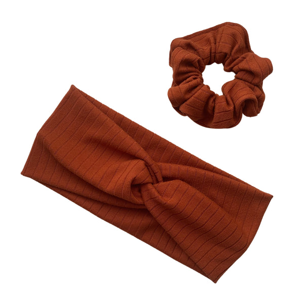 Rust Burnt Orange ribbed faux knot headband ear warmer with matching scrunchie pipevine designs