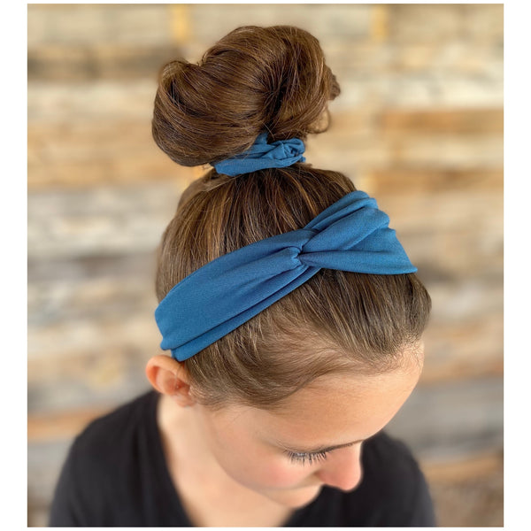 teal ice scrunchie and matching teal ice faux knot headband on hair. Pipevine Designs
